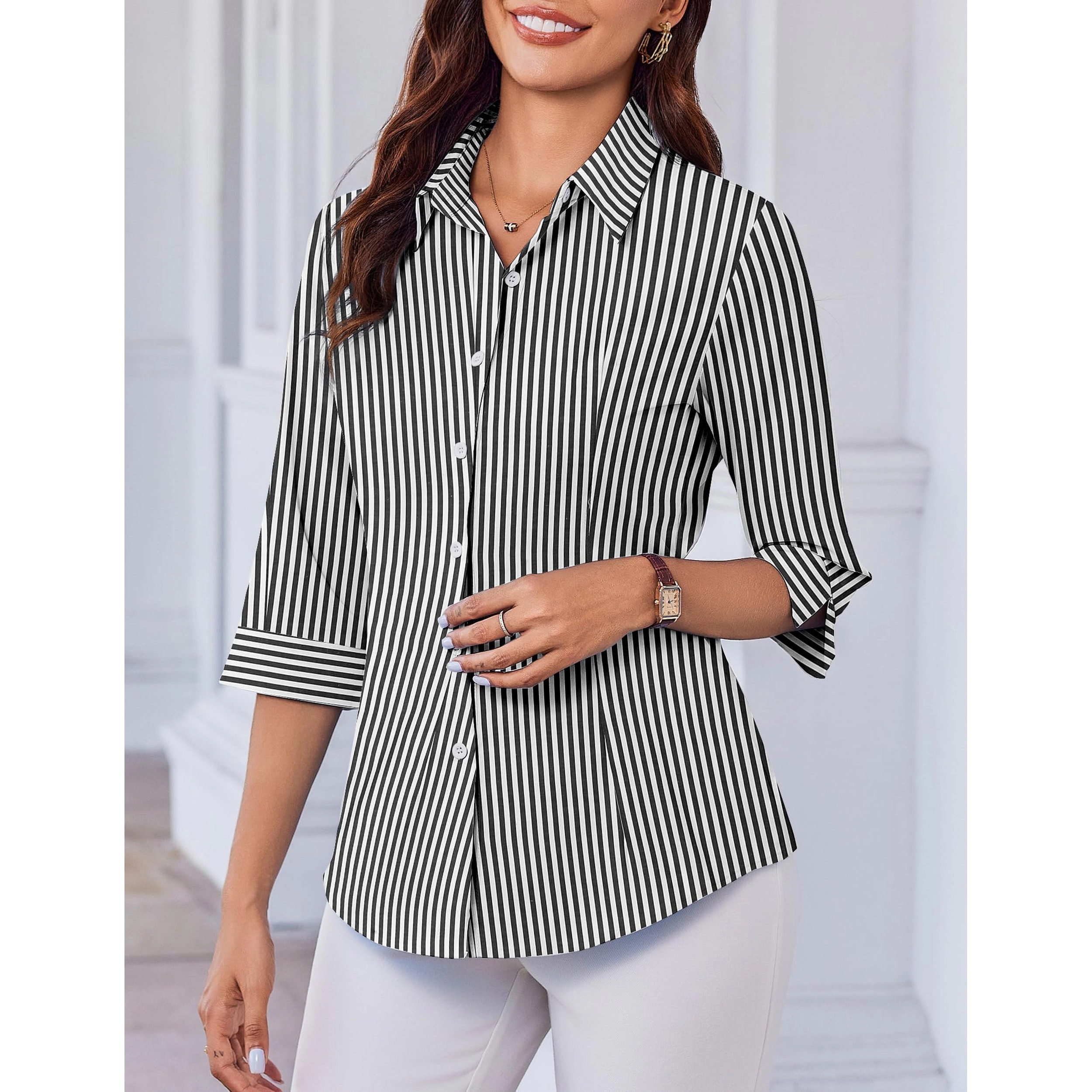 Zeagoo Women Button Up Shirts 3/4 Sleeve Business Shirt Slim V Neck Work Blouse