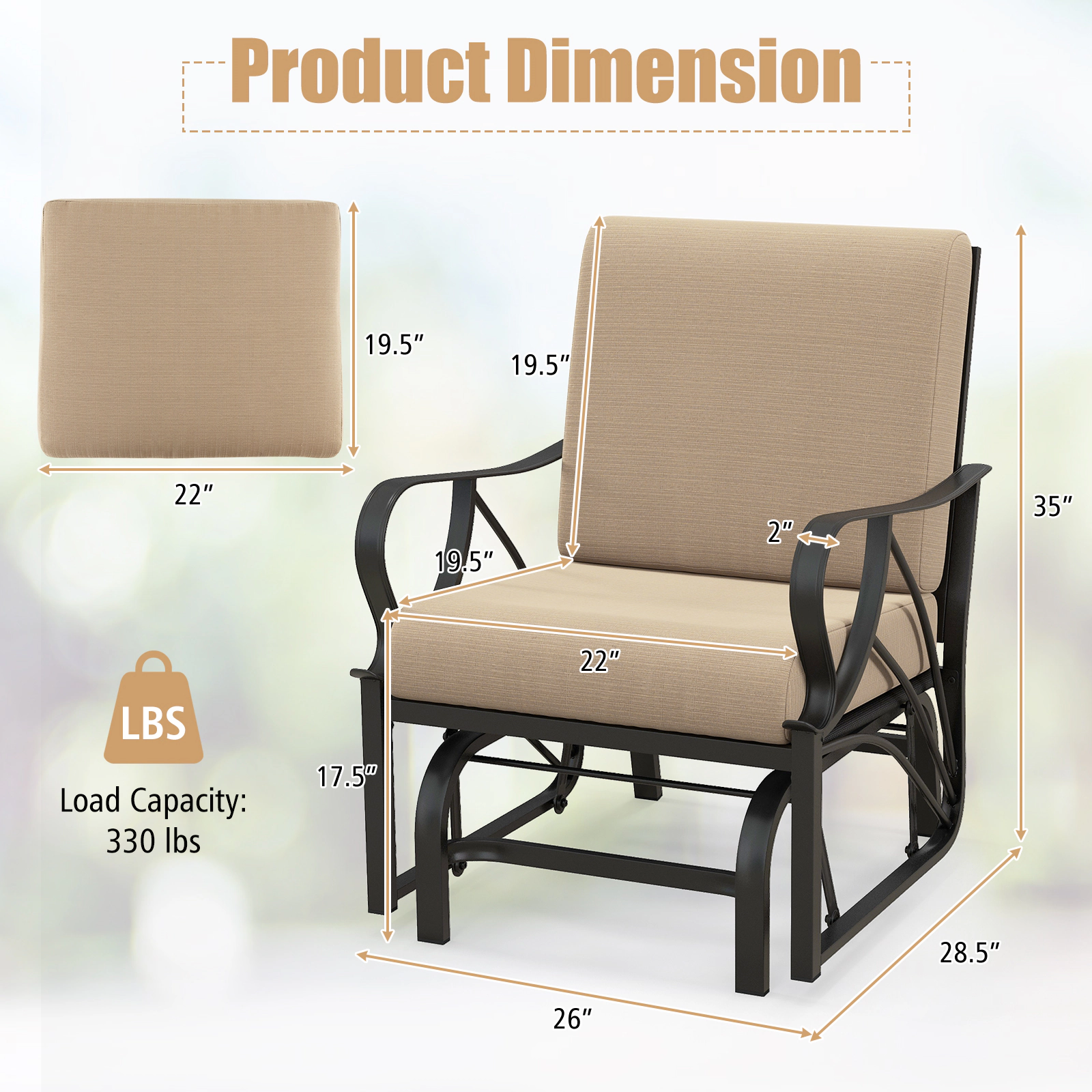 SUGIFT Tan Outdoor Patio Glider Chair with Cushioned Seat and Curved Armrests