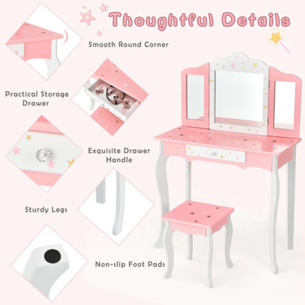 Hivvago Kids Princess Vanity Table And Stool Set With Tri-Folding Mirror Drawer