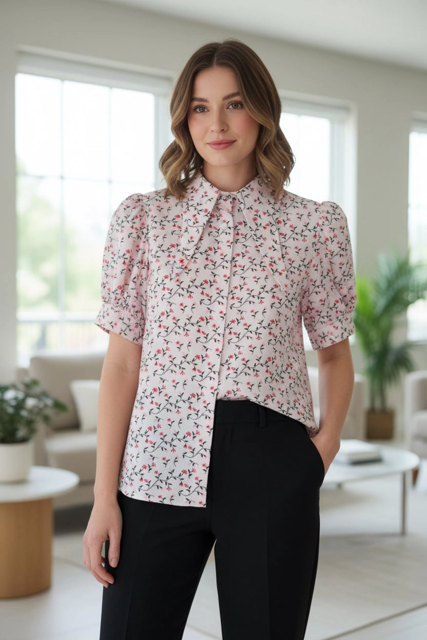 DressAtR Women's Floral High Neck Long Collar Elbow Sleeve Front Button Blouse