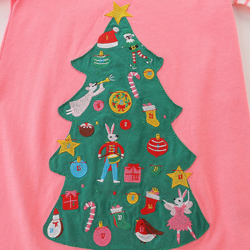MyKids-USA Baby Girl Cartoon Christmas Tree Pattern Striped Sleeve Design Princess Dress