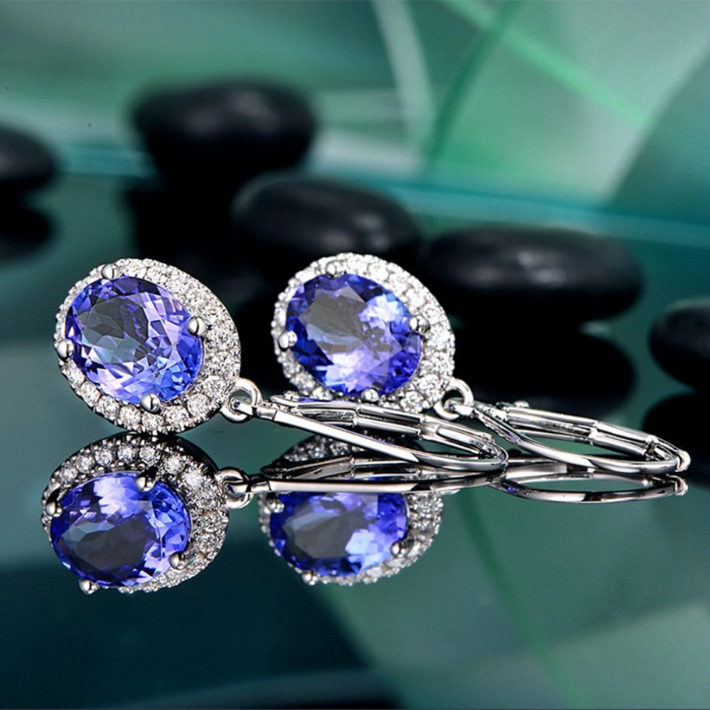Oval Blue Gemstone Halo Leverback Drop Earring