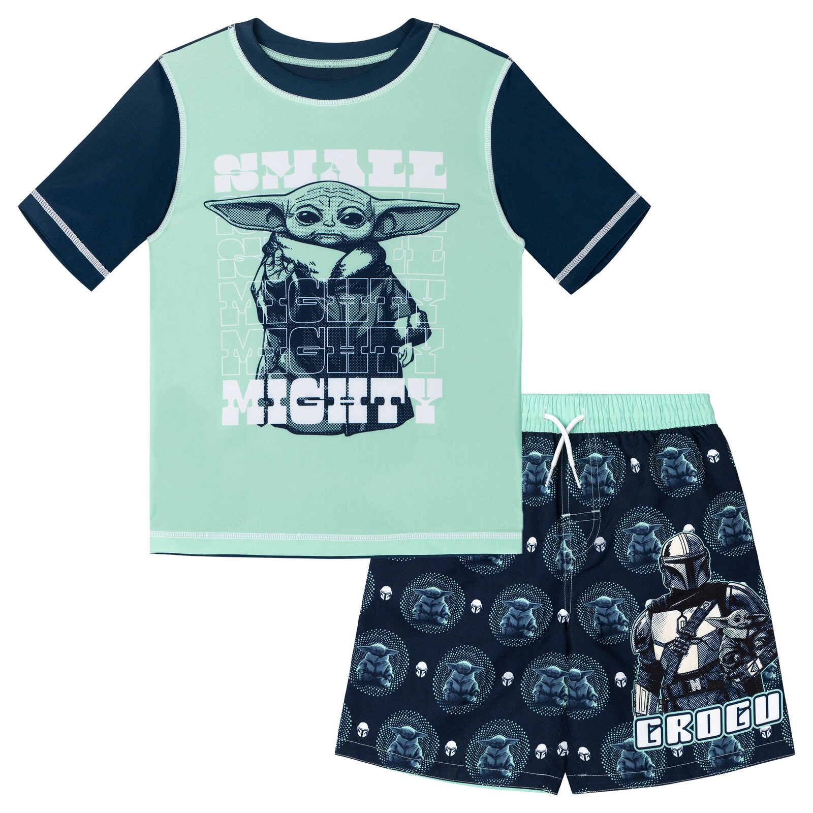 Star Wars The Mandalorian Grogu Boys' 2-Piece Swimwear Rash Guard and Swim Trunks Set