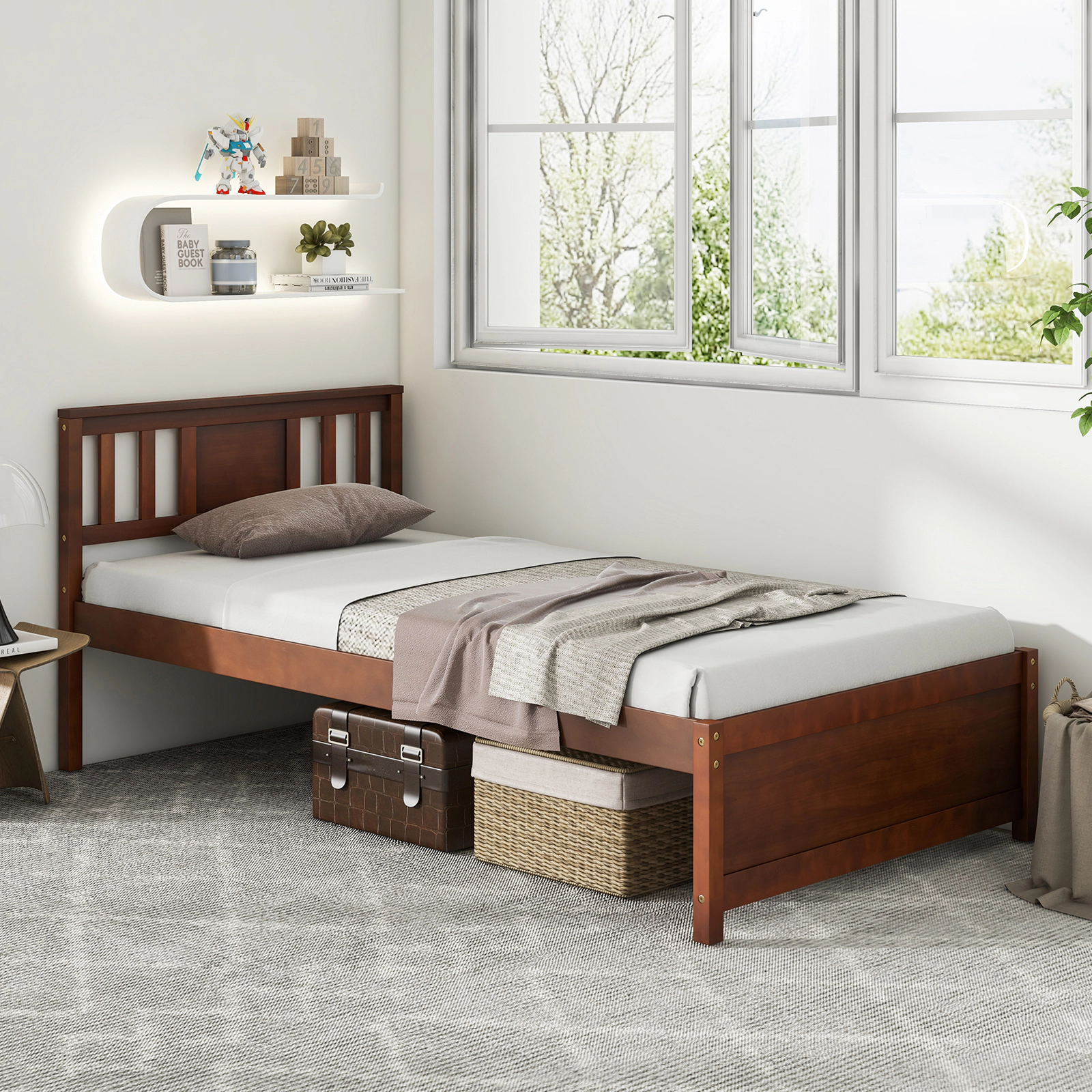SUGIFT Wooden Twin Platform Bed Frame with Headboard and Slat Support 440-lb Capacity 79.5-in Frame Walnut Finish