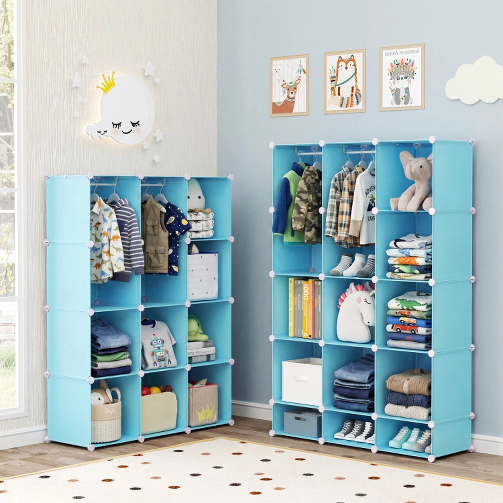 SUGIFT 10-Cube 57-in Modular Baby Wardrobe Closet and Kids Storage Organizer with Hanging Rod and Shelves