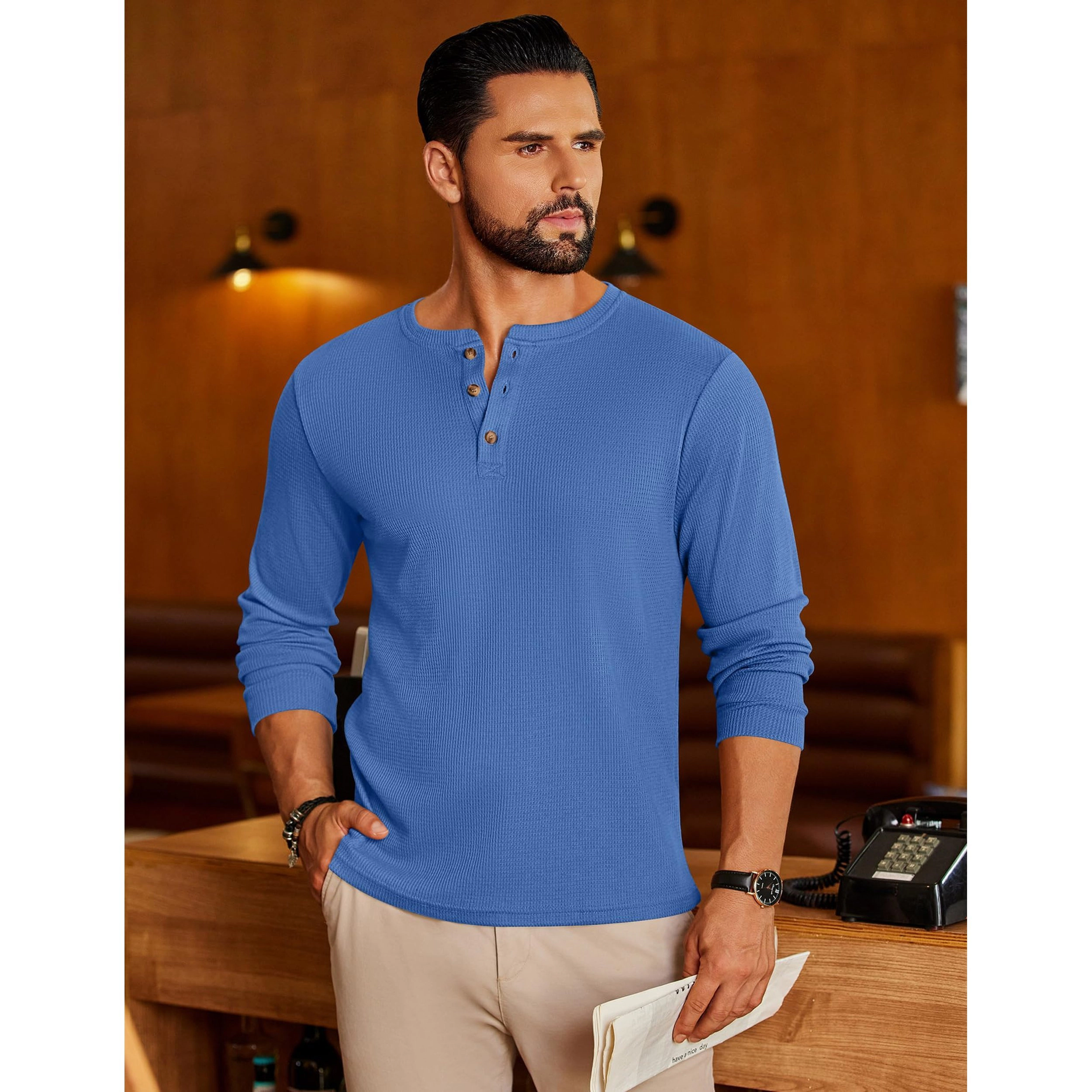 Ekouaer Men's Henley Neck Waffle Knit Long Sleeve T-Shirt