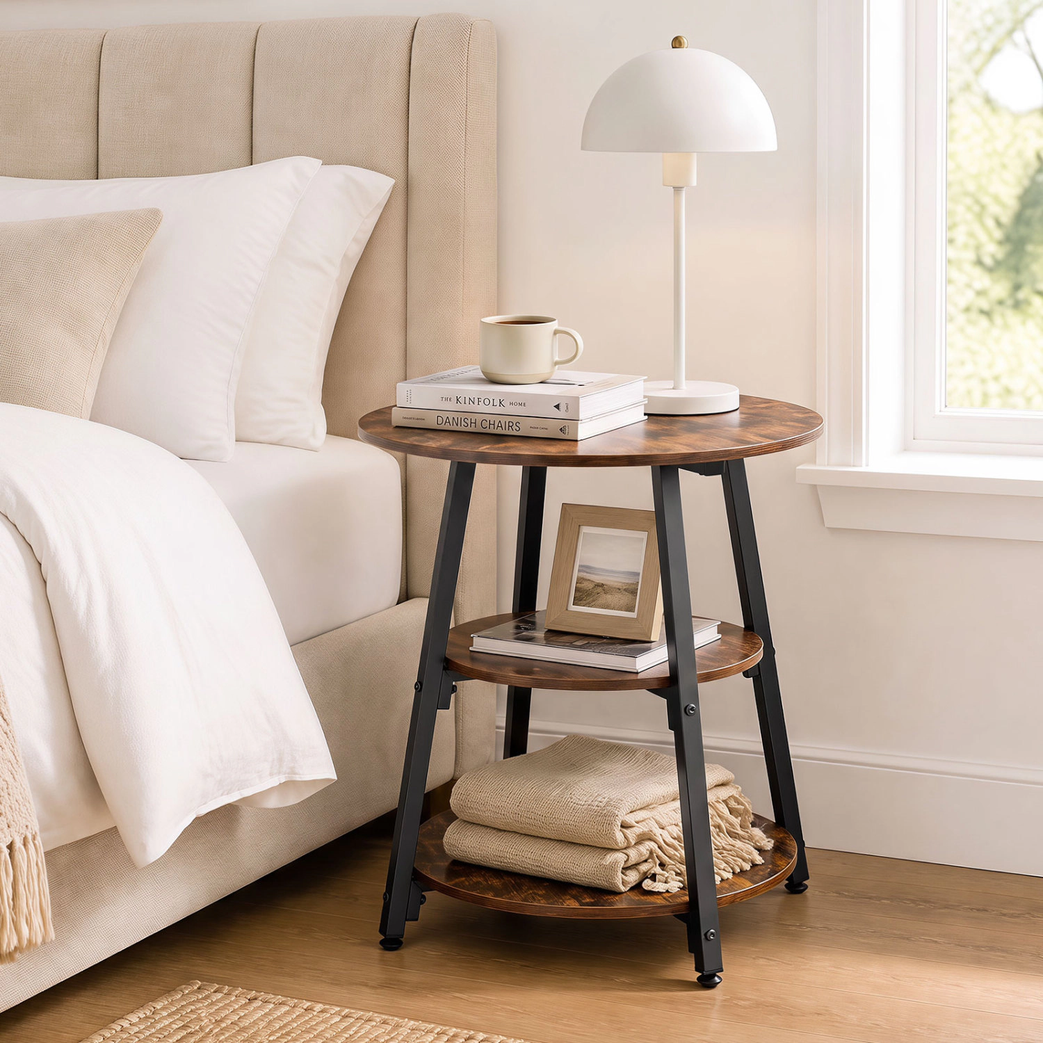 LJG Set of Industrial Side Tables with 3-Tier Shelves & Metal Frame for Small Space