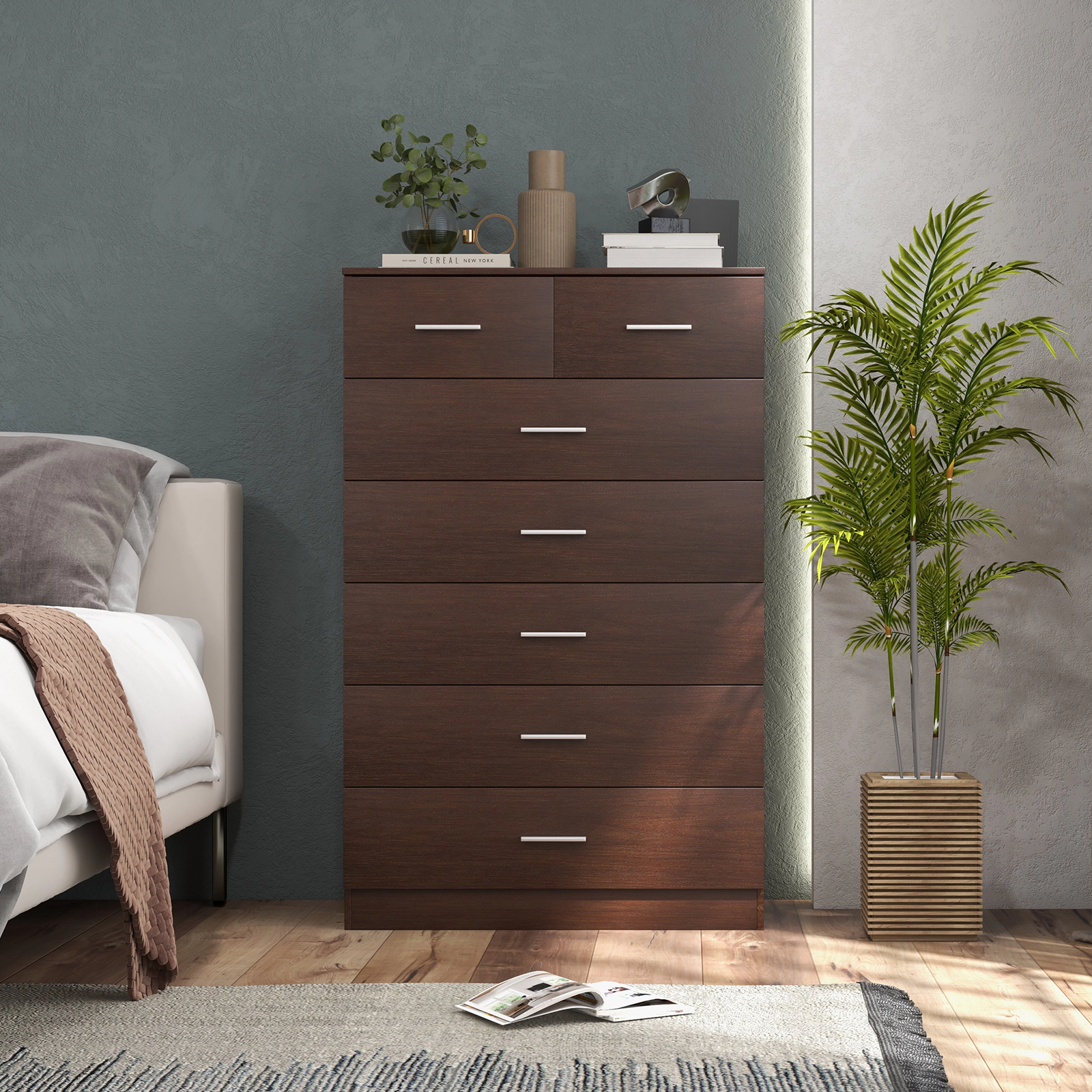 SUGIFT Anti-Toppling Device and Metal Handles 7-Drawer Wooden Chest of Drawers