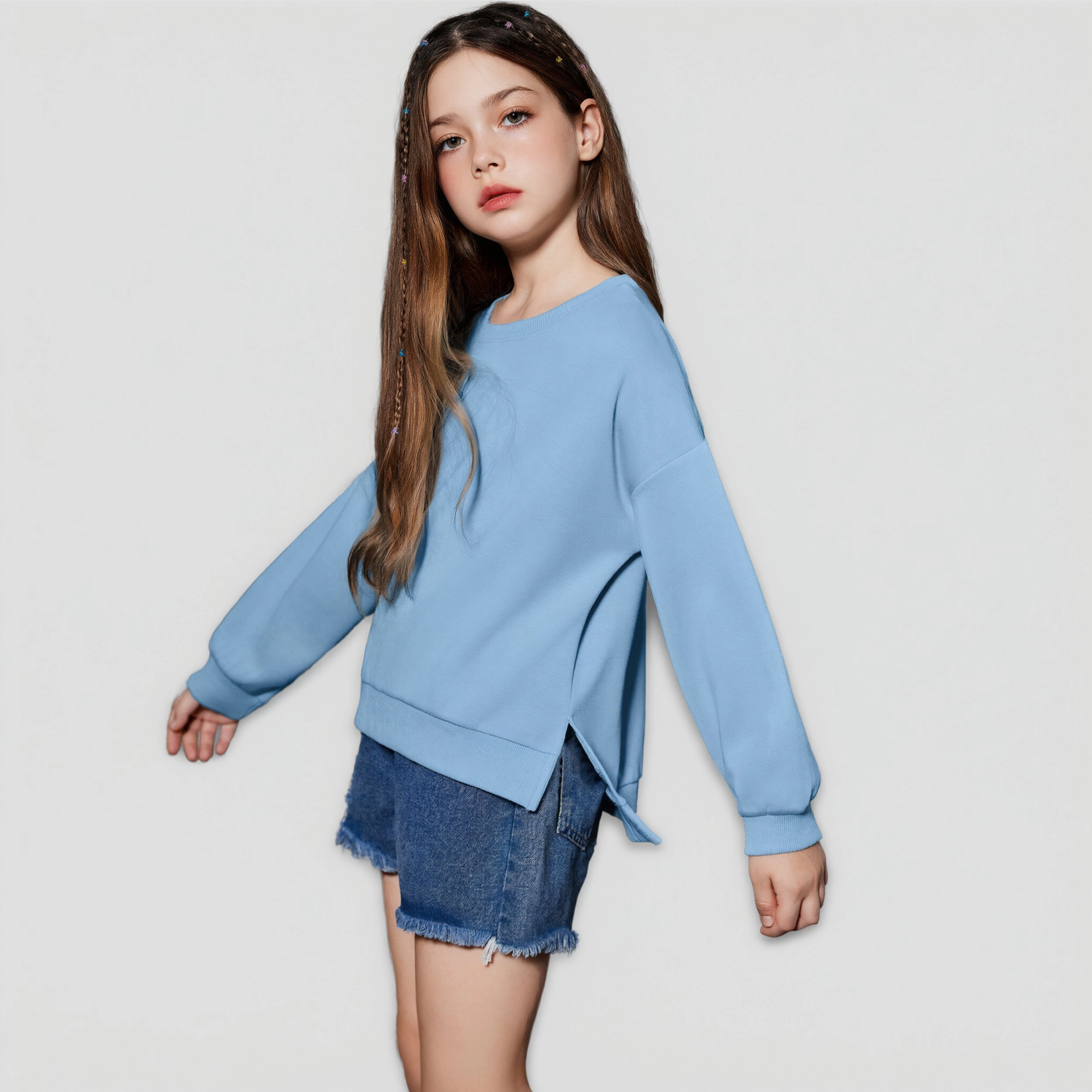 Arshiner Girls Crewneck Sweatshirt Long Sleeve Pullover Tops Drop Shoulder Sweatshirts Side Split