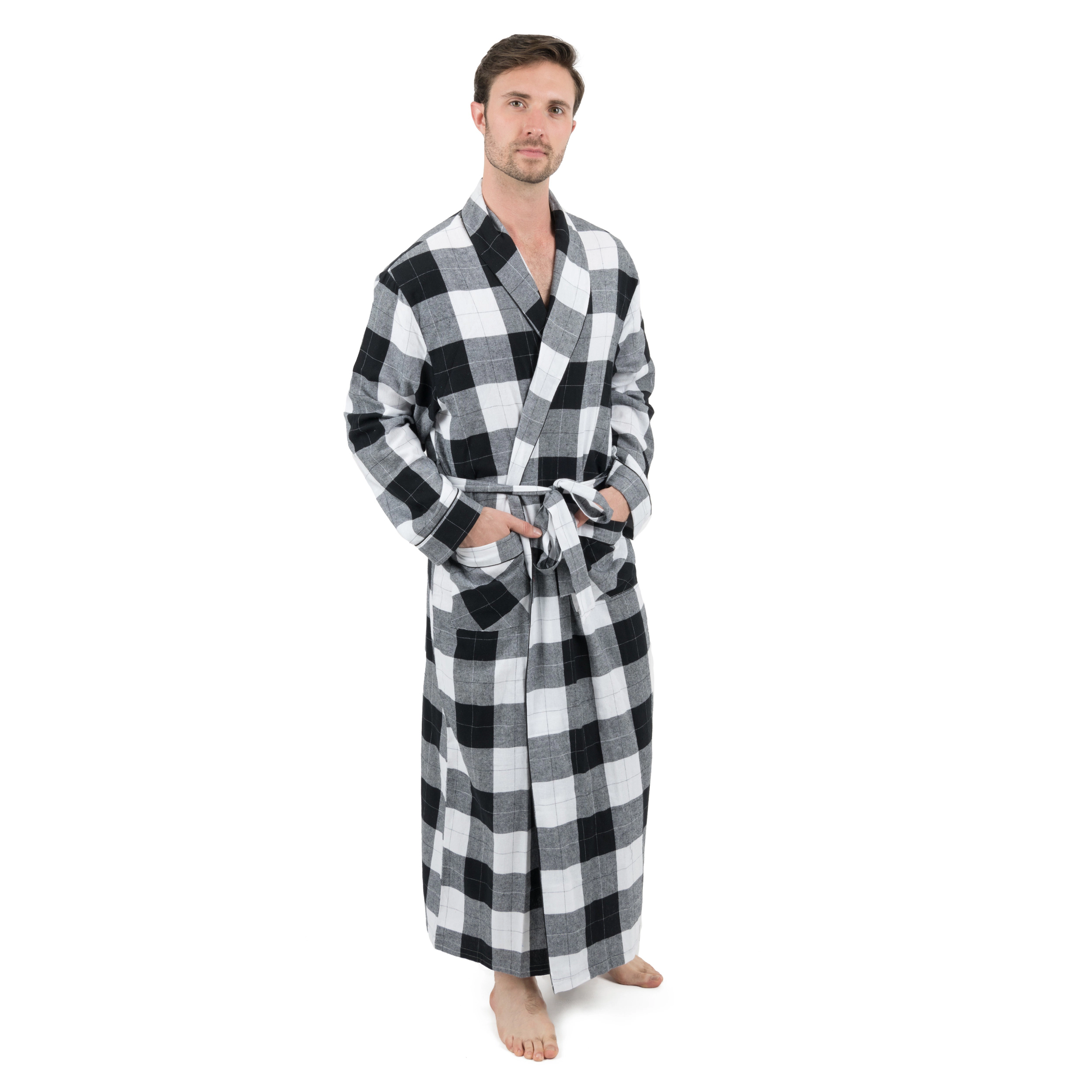 Leveret Mens Plaid Cotton Flannel Robe with Front Patch Pockets