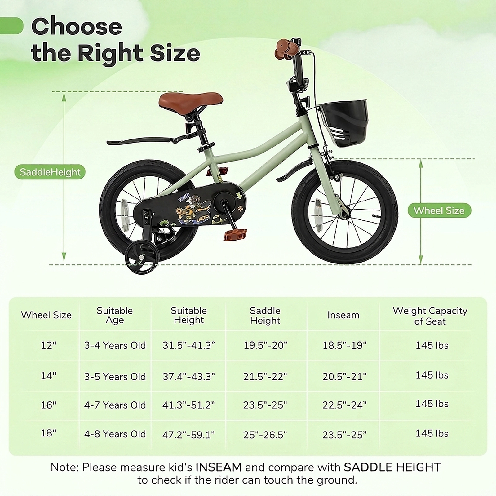 14-in Kids Bike Removable Training Wheels Quick-Release Seat Dual Brakes and Assembly Tool Included Ages 3-5 Green