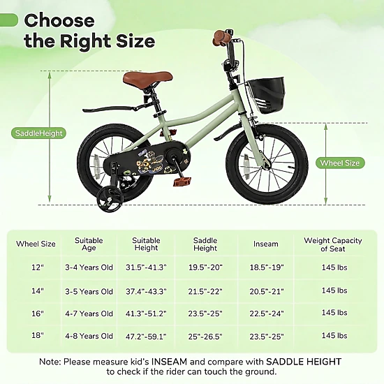 14-in Kids Bike Removable Training Wheels Quick-Release Seat Dual Brakes and Assembly Tool Included Ages 3-5 Green