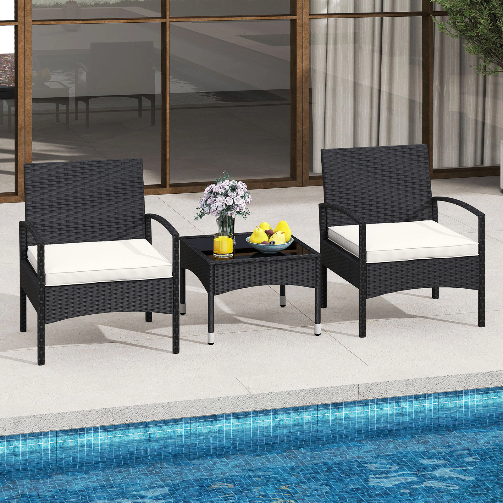 LJG 3-Piece Patio Furniture Set Rattan Bistro Chairs with Table