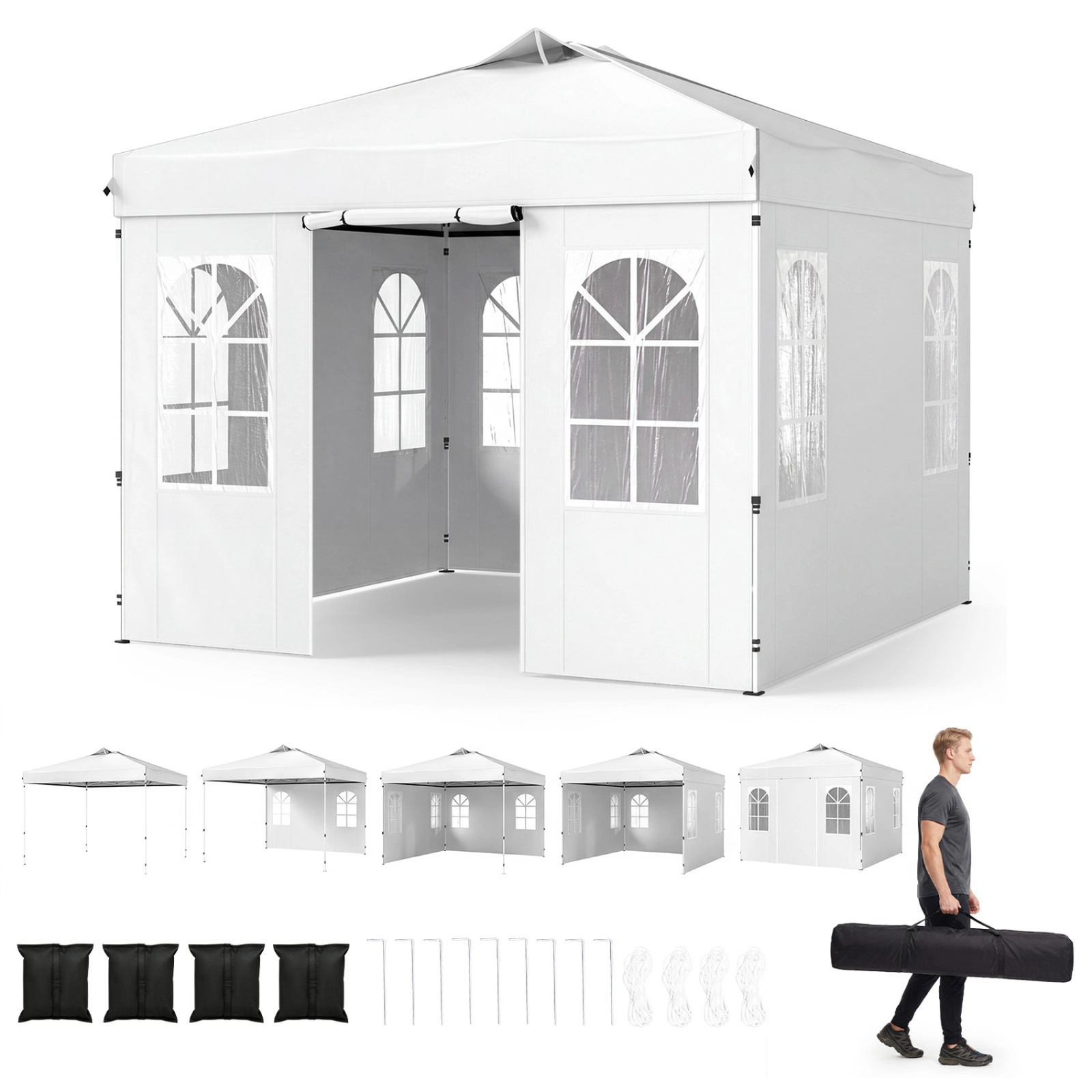 SUGIFT White Reflective Pop Up Canopy Tent with 4 Zip On Sidewalls and 9 Ground Stakes 10-ft W 10-ft D 8.5-ft H