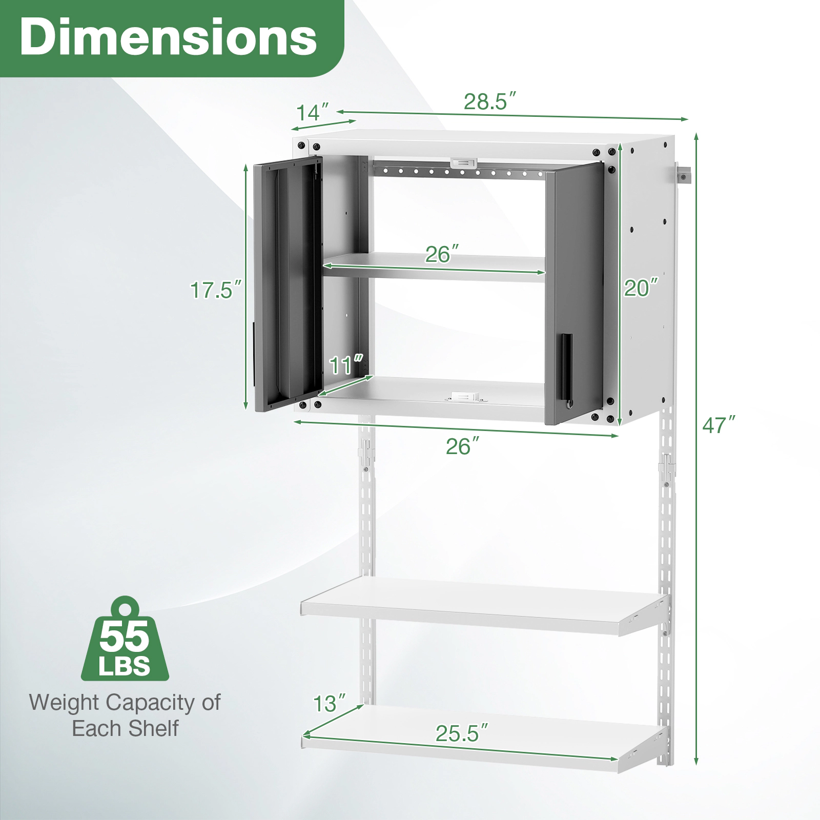 SUGIFT 2 Doors 3 Adjustable Shelves Lockable Metal Wall Cabinet 28.5-in x 14-in x 47-in 55-lb per Shelf Gray/White