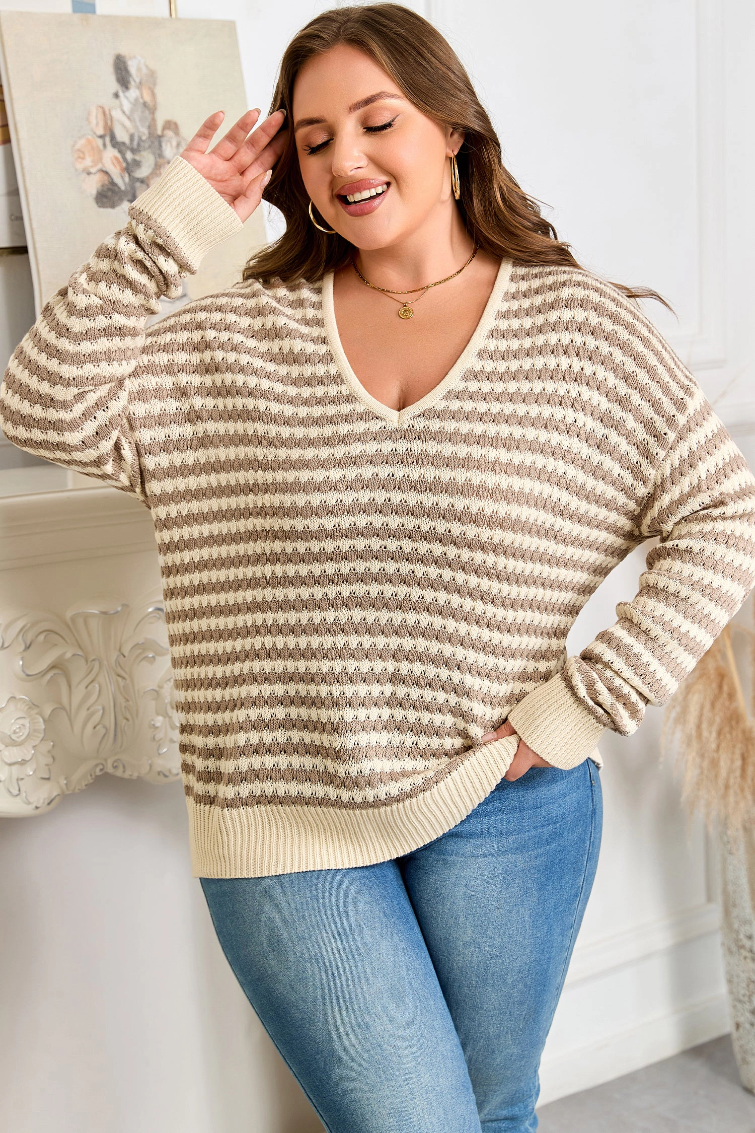 Threaded Pear Women's Emory Stripe Drop Shoulder PLUS Sweater