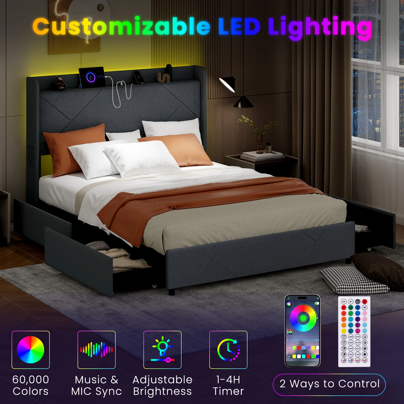 LJG Full/Queen Size Bed Frame with LED Lights and Charging Station