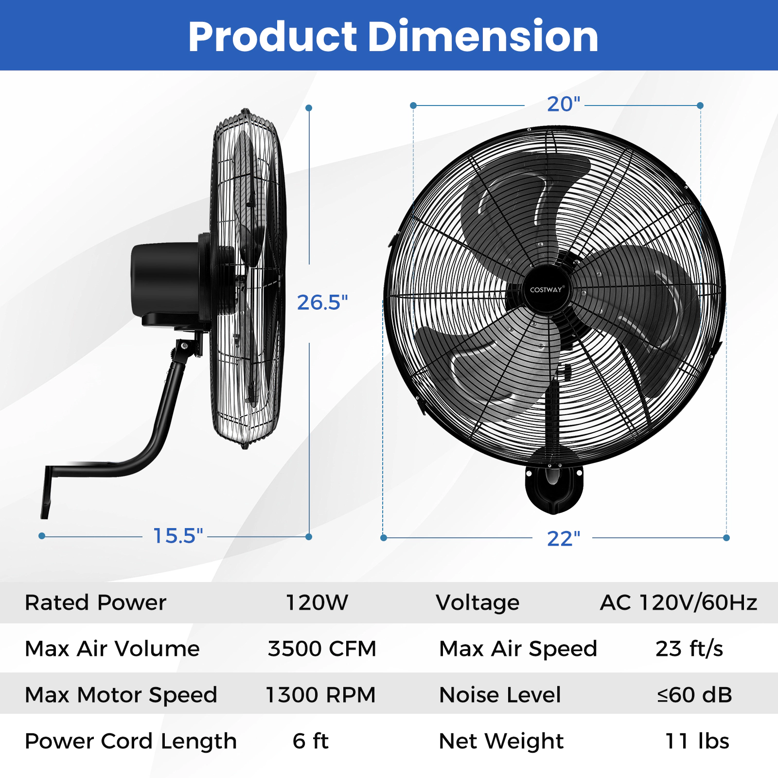 LJG 20 Inch Wall Mount Fan with 3 Fan Speeds and Adjustable Tilt Head
