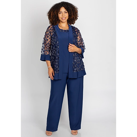 Catherines Women's Plus Size Floral Lace 3-Piece Pant Suit, Color: Navy ...