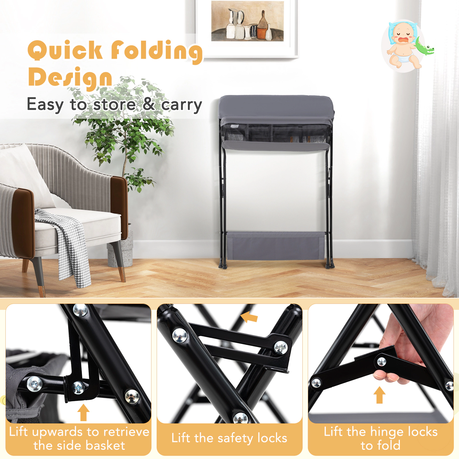 SUGIFT Folding Steel Baby Diaper Changing Table Storage 24-lb Capacity Ages 0-12 Months 31.5-in Long Black/Gray 1-Pc