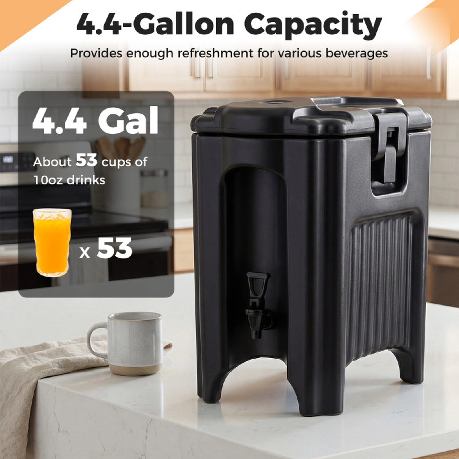 SUGIFT Triple-Layer Insulated Water Broiler Beverage Dispenser 4.4-Gallon Capacity 18-in Long Black
