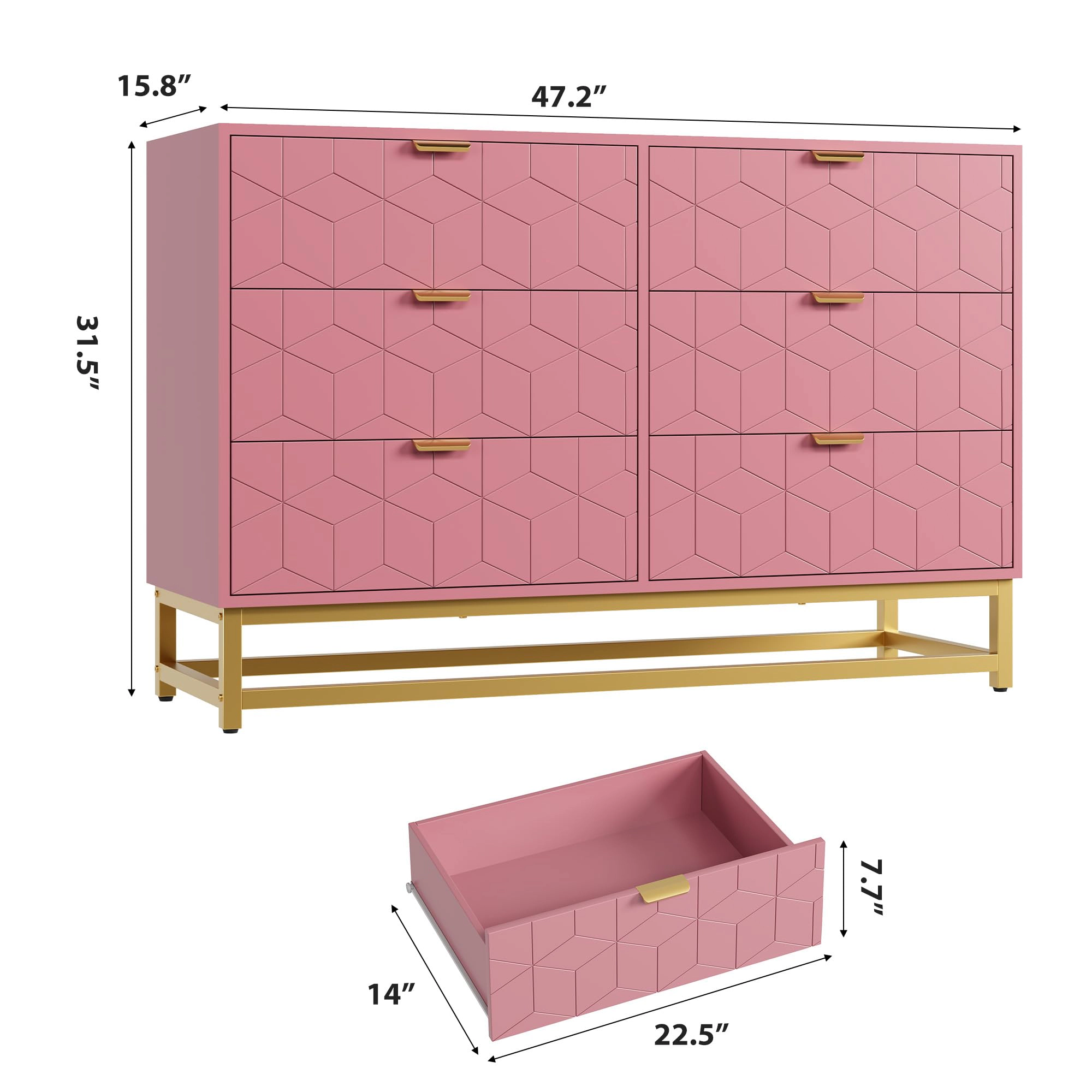Modern 6 Drawer Double Dresser with Gold Handles, Wide Storage Chest & TV Stand for Bedroom Living Room