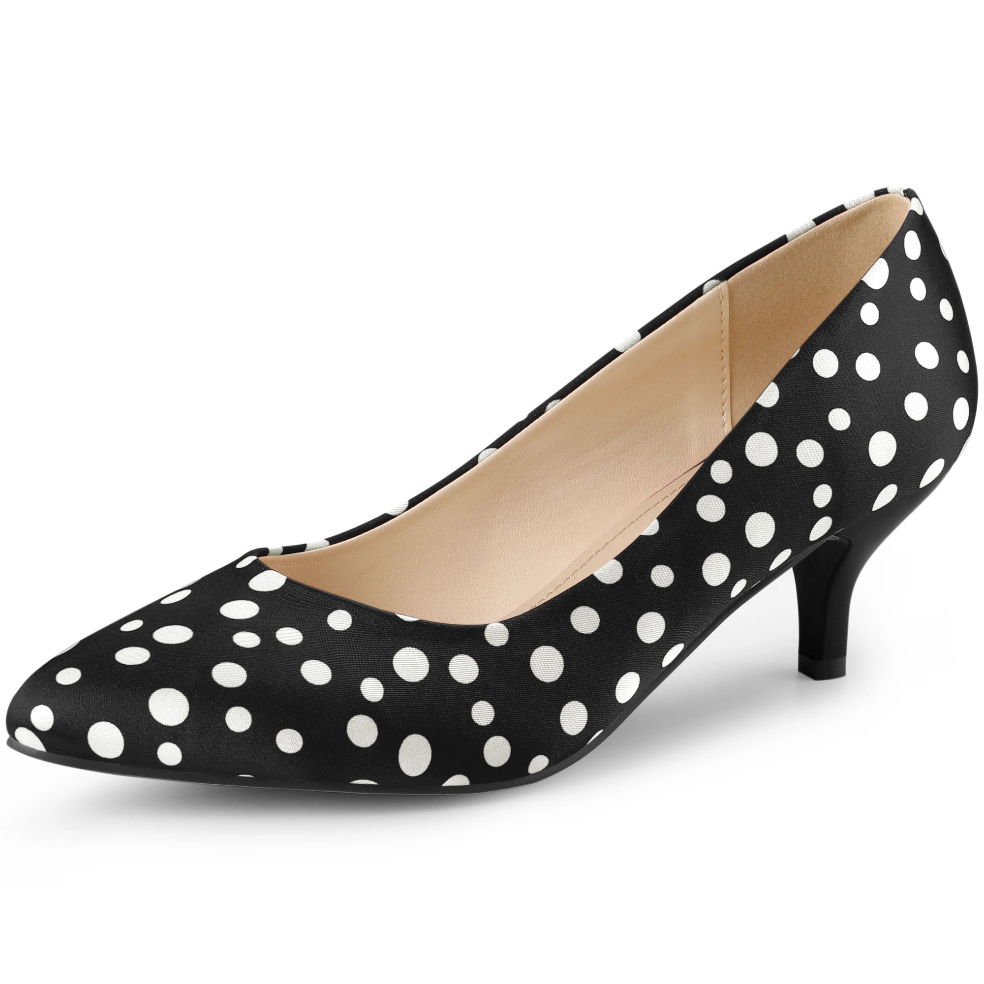 BLISSFUL STEP Women Satin Polka Dots Pointed Toe Kitten Heels Pumps
