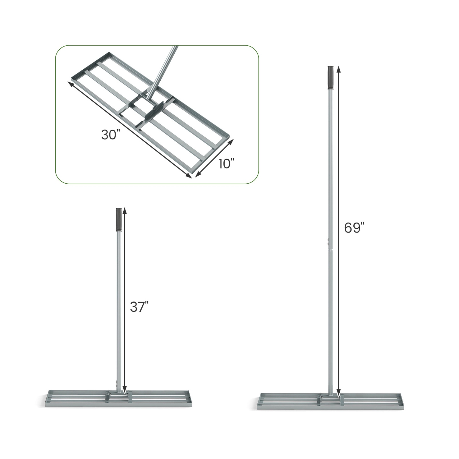 SUGIFT Silver 30-in x 10-in Yard Leveling Rake with 2-Section 69-in Handle and Double-Welded U-Bracket