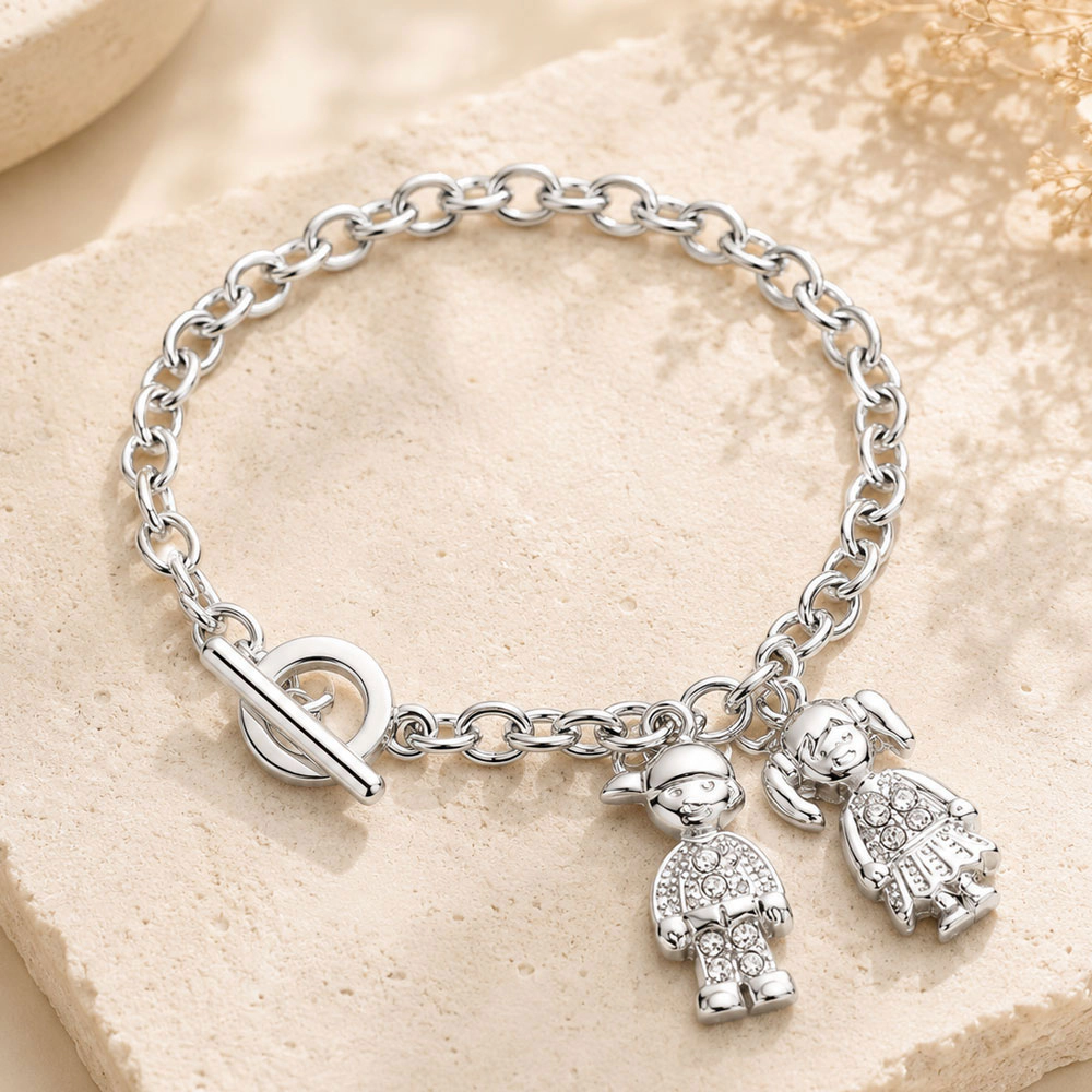 FASHNZFAB Couple Charm Toggle Bracelet   0.5" X 1", 0.4" X 1", 8" L - Rhodium