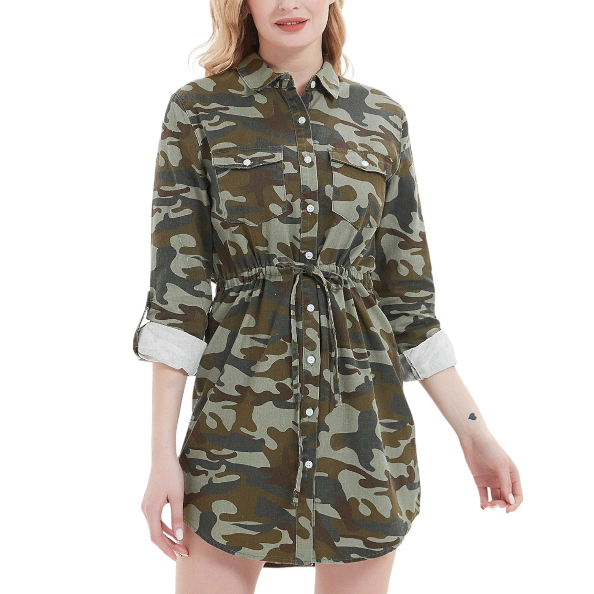Anna-Kaci Women's Long Sleeve Denim Button Front Shirt Dress