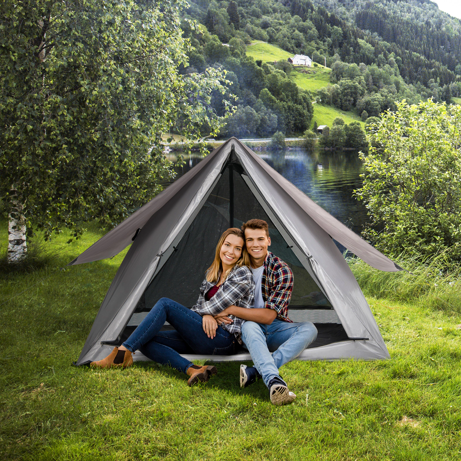 SUGIFT Gray 7.4-ft 2 to 3 Person Pop-Up Camping Tent with PU Coated Rainfly and Double-Layer Mesh Doors