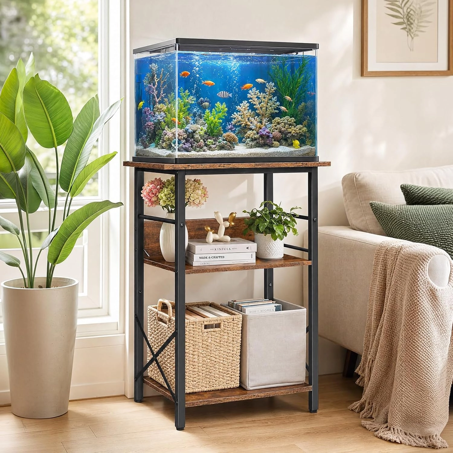 10 Gallon Aquarium Stand, 3-Tier Metal Wood Fish Tank Support with Storage Shelves, Brown