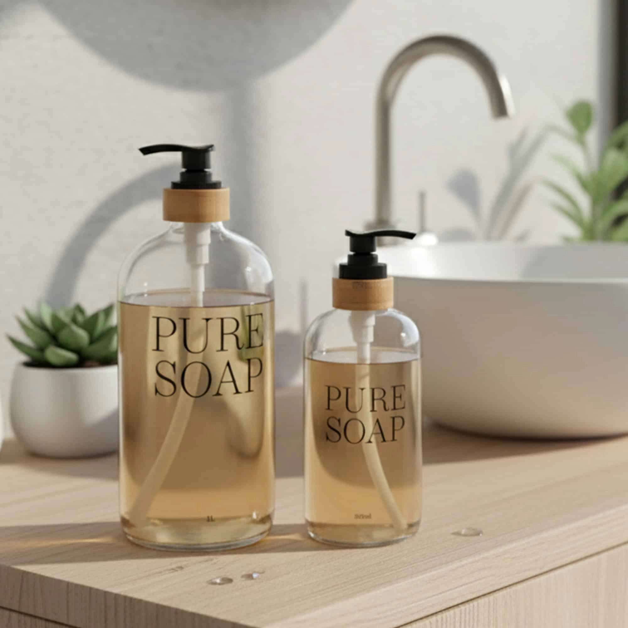 Evideco French Home Goods 17 oz Clear Glass Soap Dispenser with Bamboo Collar, PURE SOAP Embossed