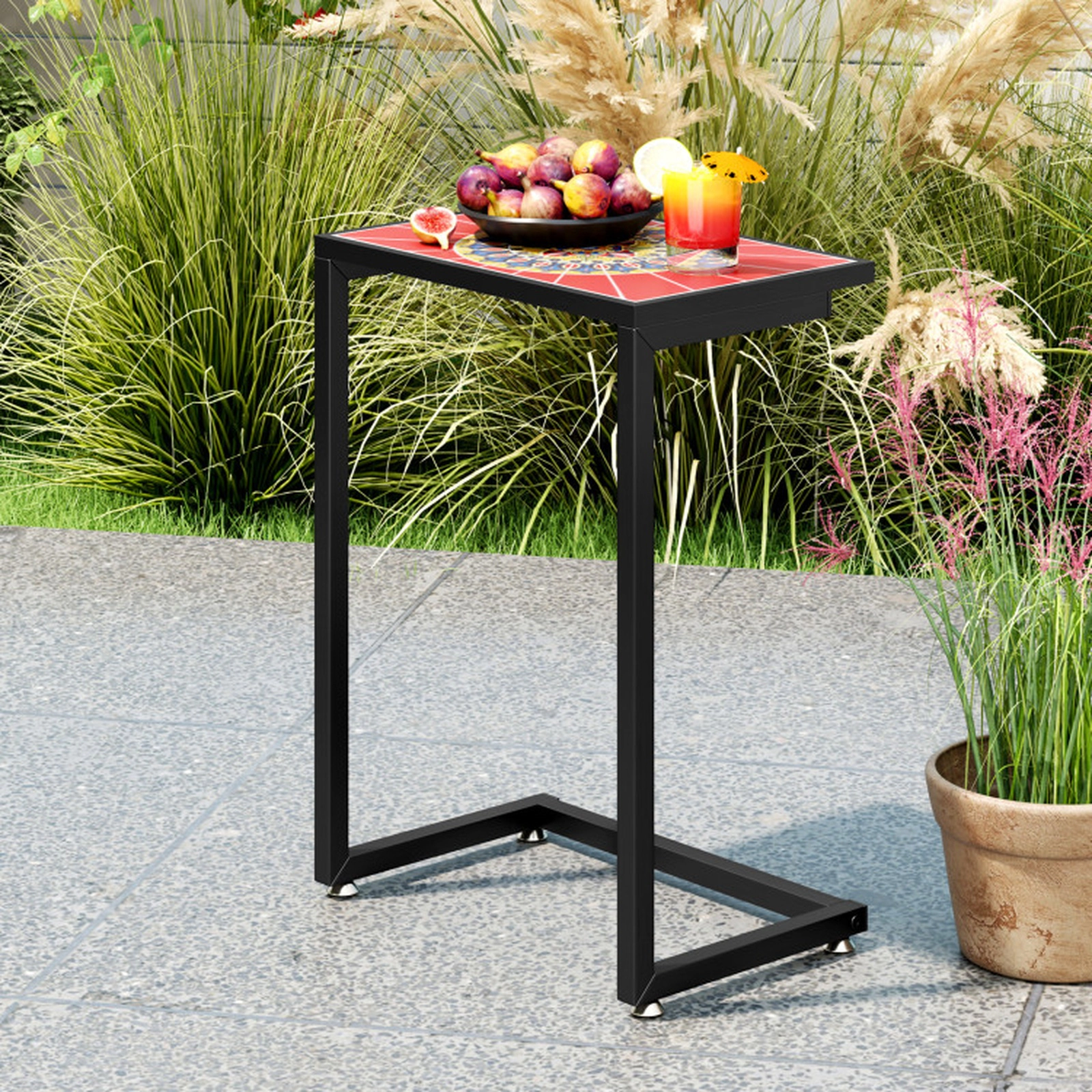 SUGIFT 26-Inch C-Shaped Patio Side Table with Glazed Ceramic Top