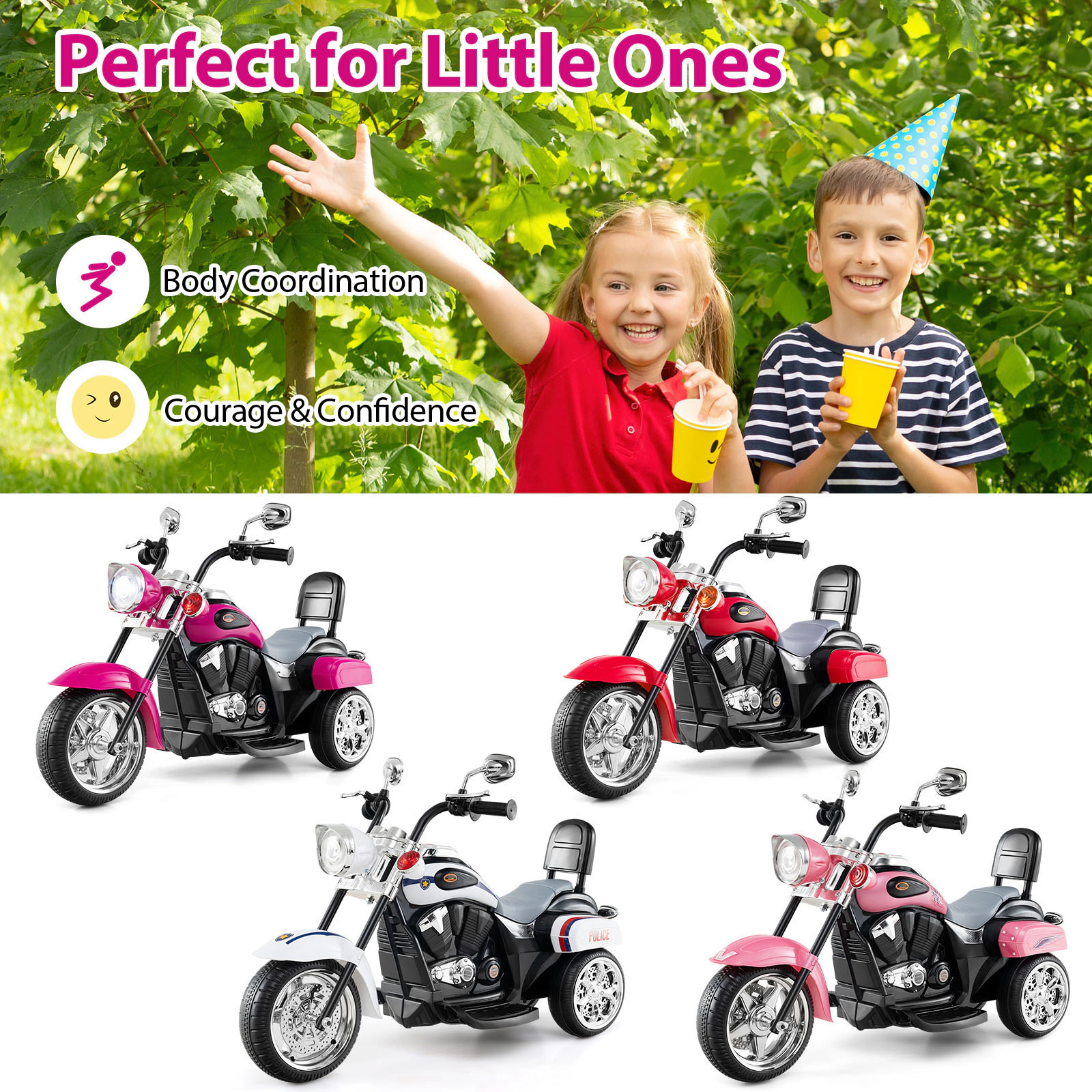 SUGIFT 6V Powered Toddler 3-Wheel Motorbike Ride On Toy with Horn and Headlight 66-lb Capacity Ages 3+ Hot Pink