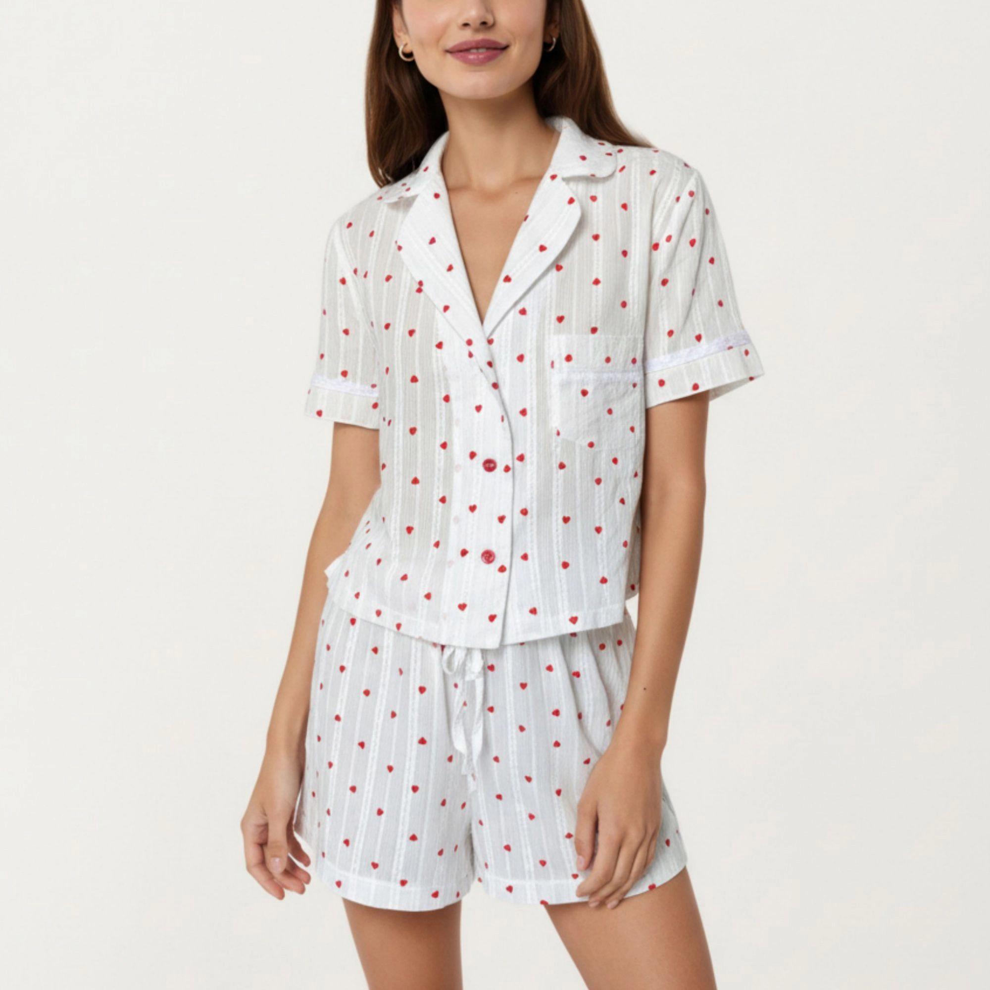 Anna-Kaci Women's 2-Piece Button Down Pajama Shirt and Shorts Short Sleeve Heart Printed Lounge Sleepwear Set