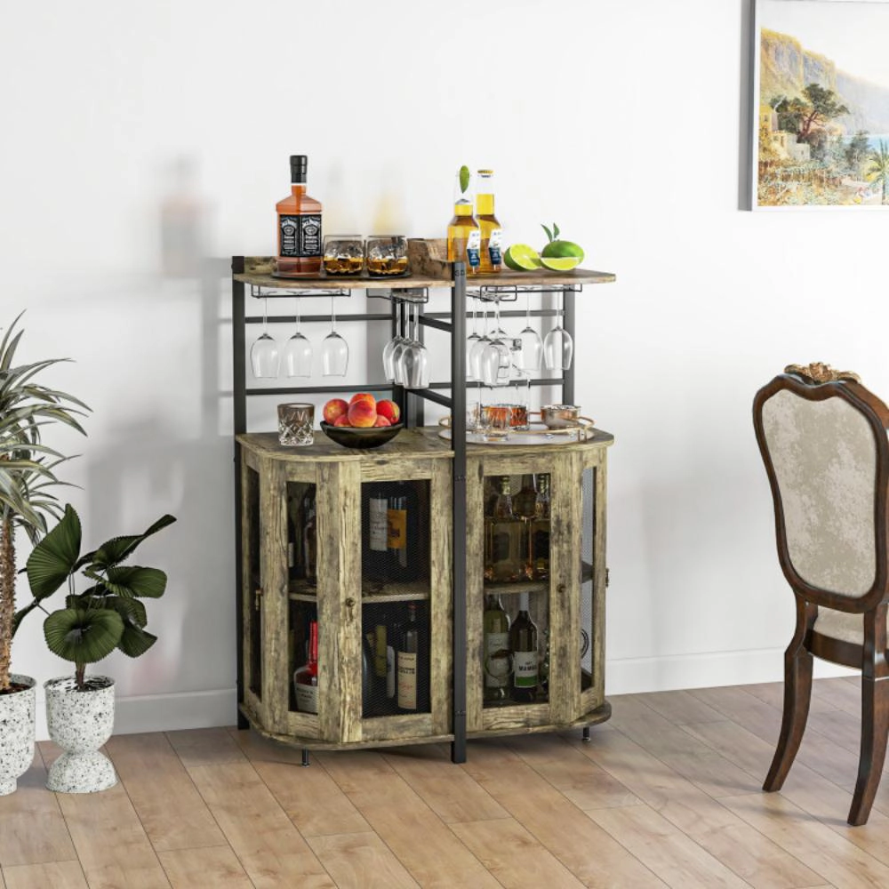 Hivvago Industrial Corner Bar Cabinet With Glass Holder And Adjustable Shelf
