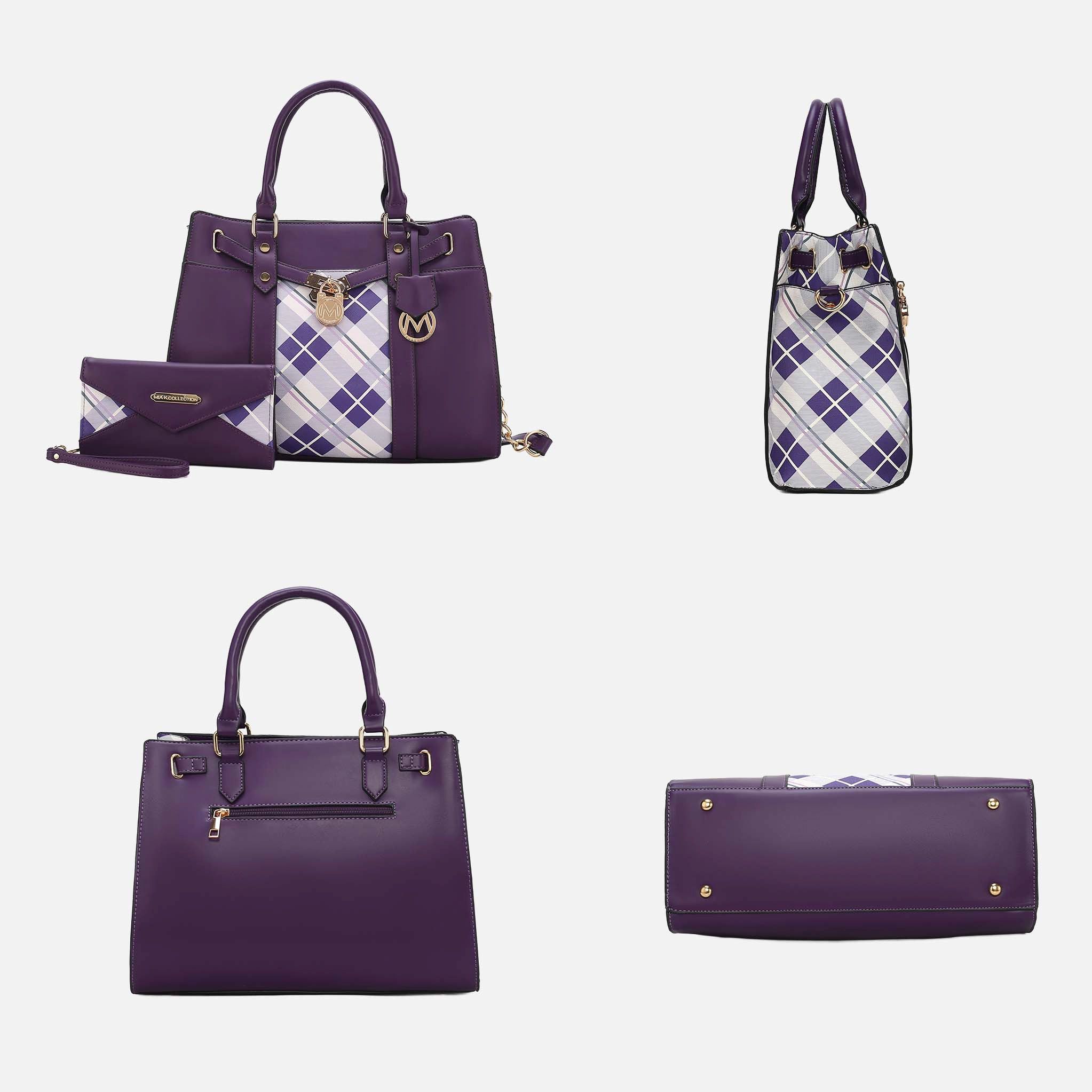 MKF Collection Christine Plaid Vegan Leather Satchel with Wristlet Wallet - Purple