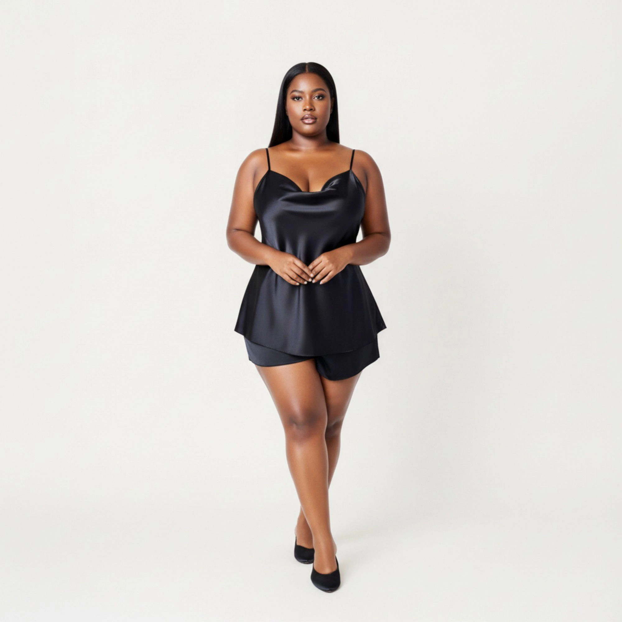 Anna-Kaci Women's 2-Piece Satin Cami and Shorts Set with Draped Neckline Silky Fabric Lightweight Relaxed Fit