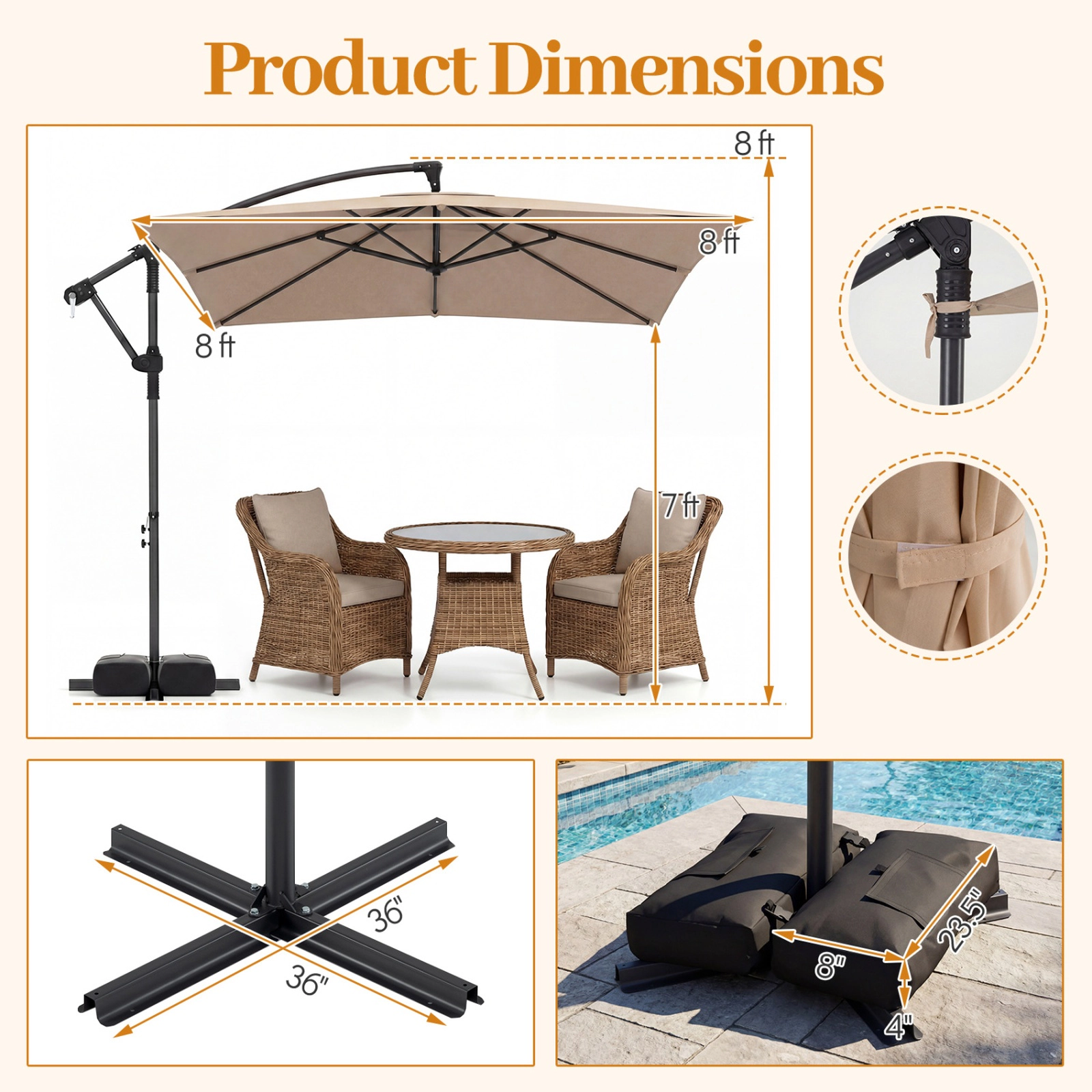 SUGIFT 8 x 8ft Square Offset Cantilever Patio Umbrella with 360° Rotation 116-lb Base Capacity Rustic Brown