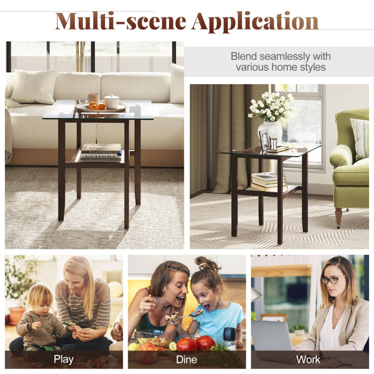 Hivvago 24-Inch Square Glass Coffee Table with Double Layers and Built-In Storage Shelf