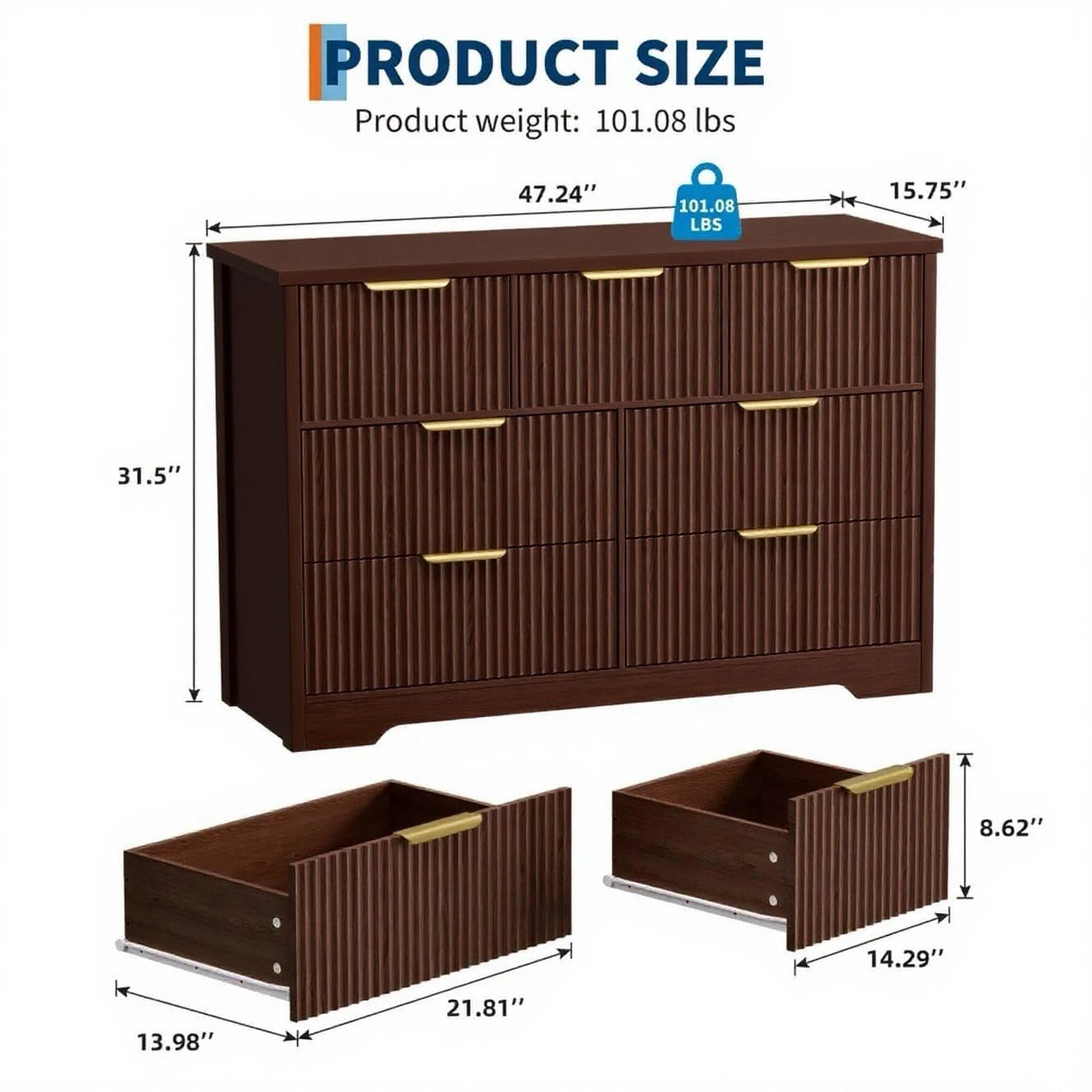 Fluted Dresser for Bedroom, 47.24" Wide Modern 7-Drawer Chest with Metal Handles, TV Stand
