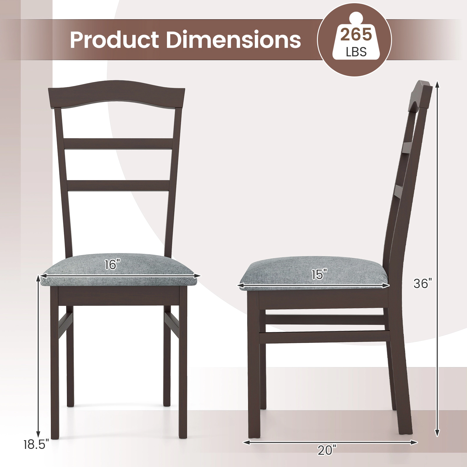 SUGIFT Set of 2 Linen Fabric Upholstered Wooden Dining Chairs with Curved Back 265-Lb Capacity Coffee+Gray