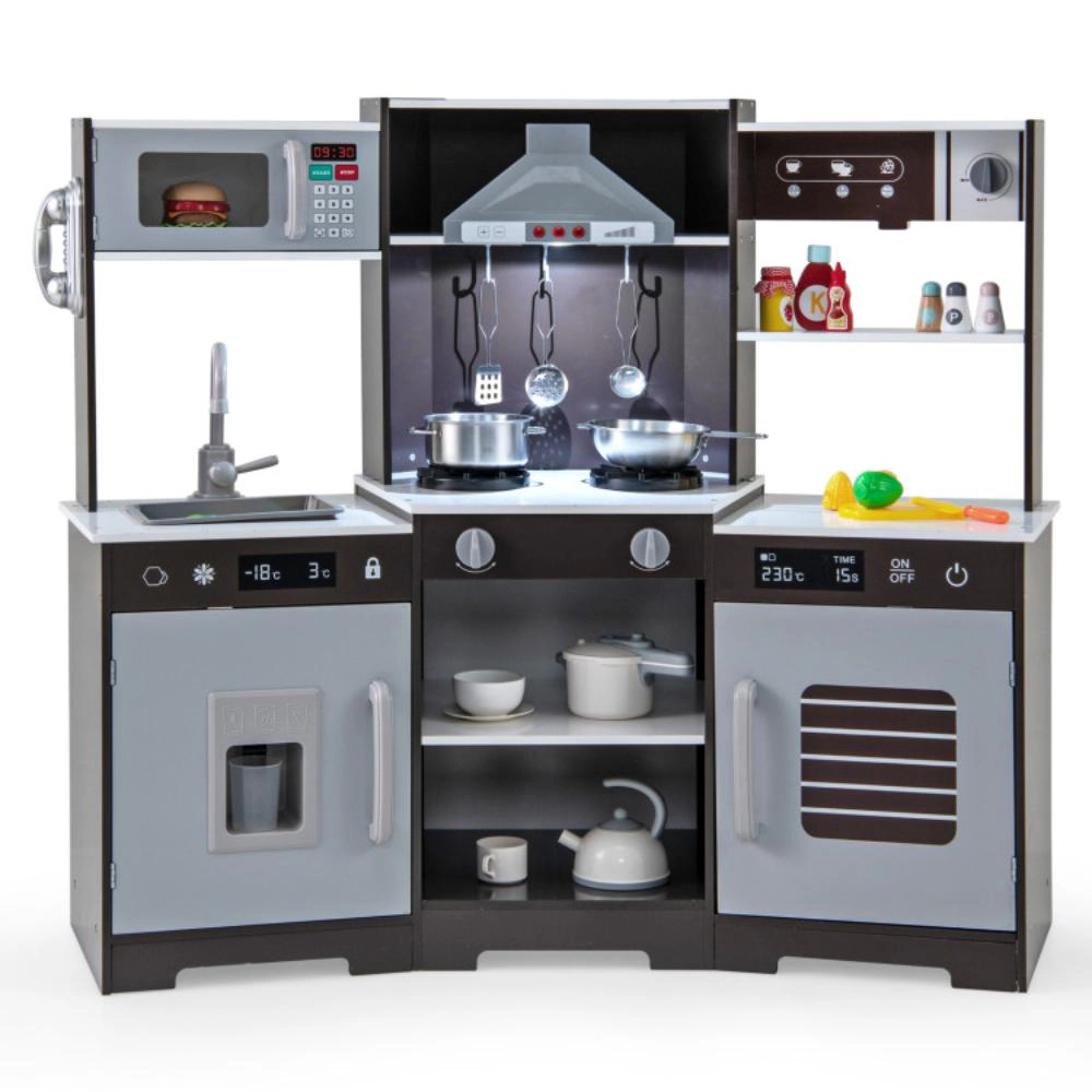 Hivvago Pretend Play Kitchen Wooden Toy Set with Range Hood Real Sounds and Lights