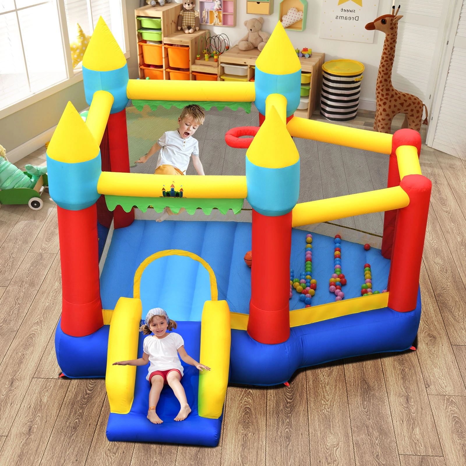 Kids Inflatable Bouncer with Jumping Area 100 Ocean Balls Basketball and 480W Blower for 3 Kids 300-lb Capacity Bounce