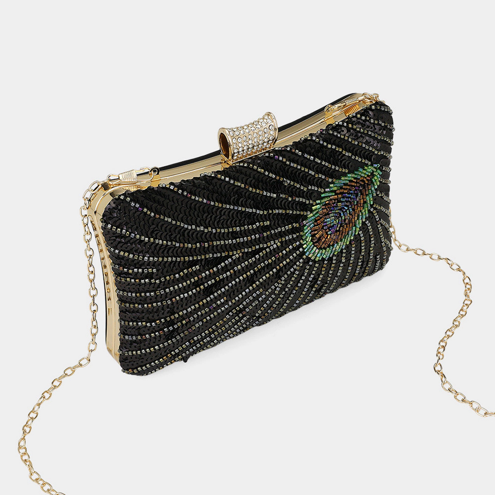 Fashnzfab 7.25" X 5.25" X 2" Beaded Sequin Peacock Clutch Evening Bag Crossbody Bag