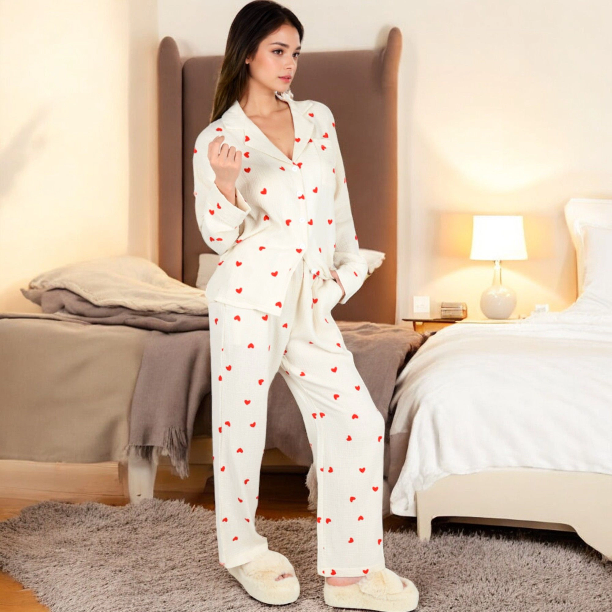 Anna-Kaci Women's Heart Print Valentine 2-Piece Pajama Set with Long Sleeve Button Up Top and Relaxed Fit Pants