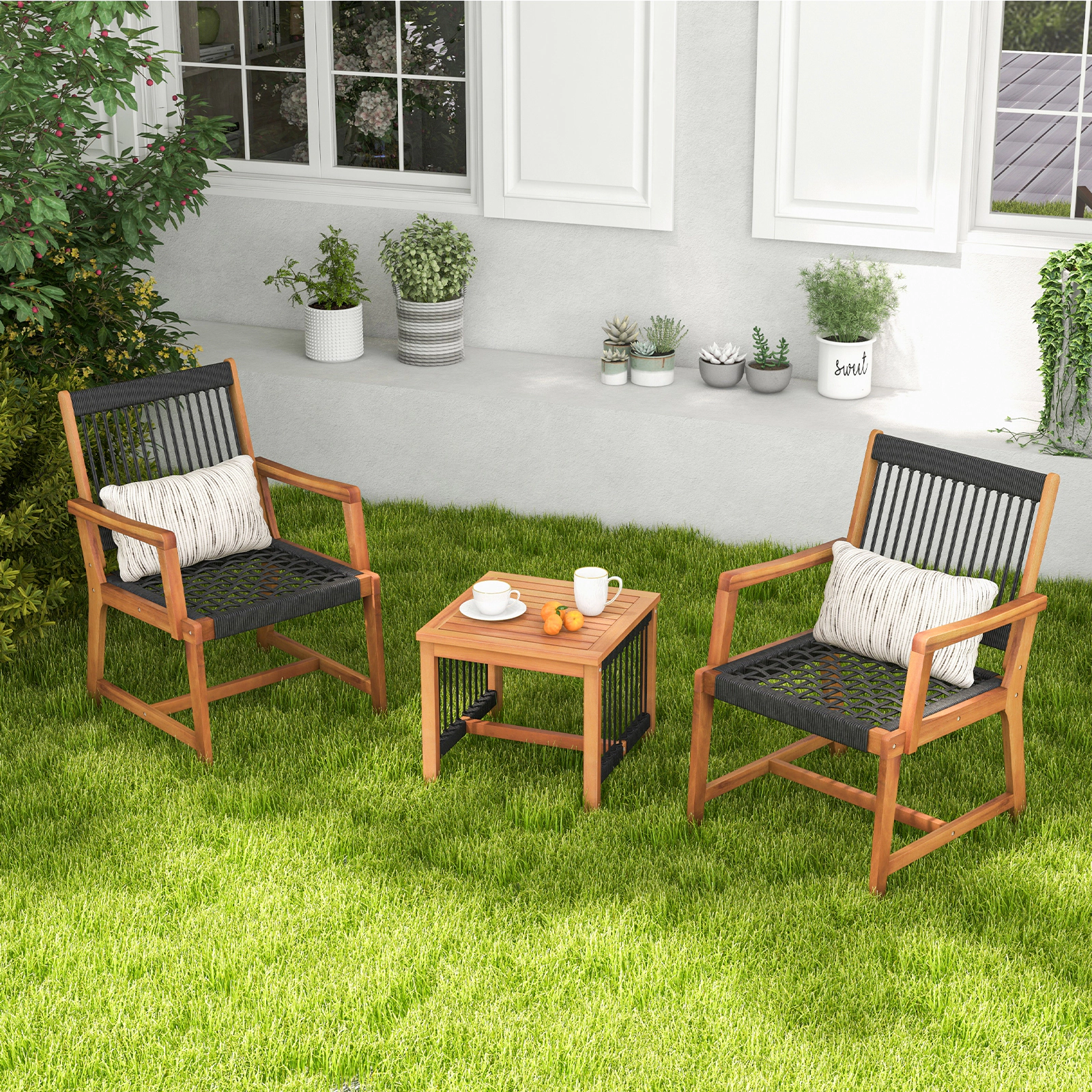 SUGIFT Hand-Woven Black Rope Seat and Back 3-Piece Acacia Wood Patio Armchair Set