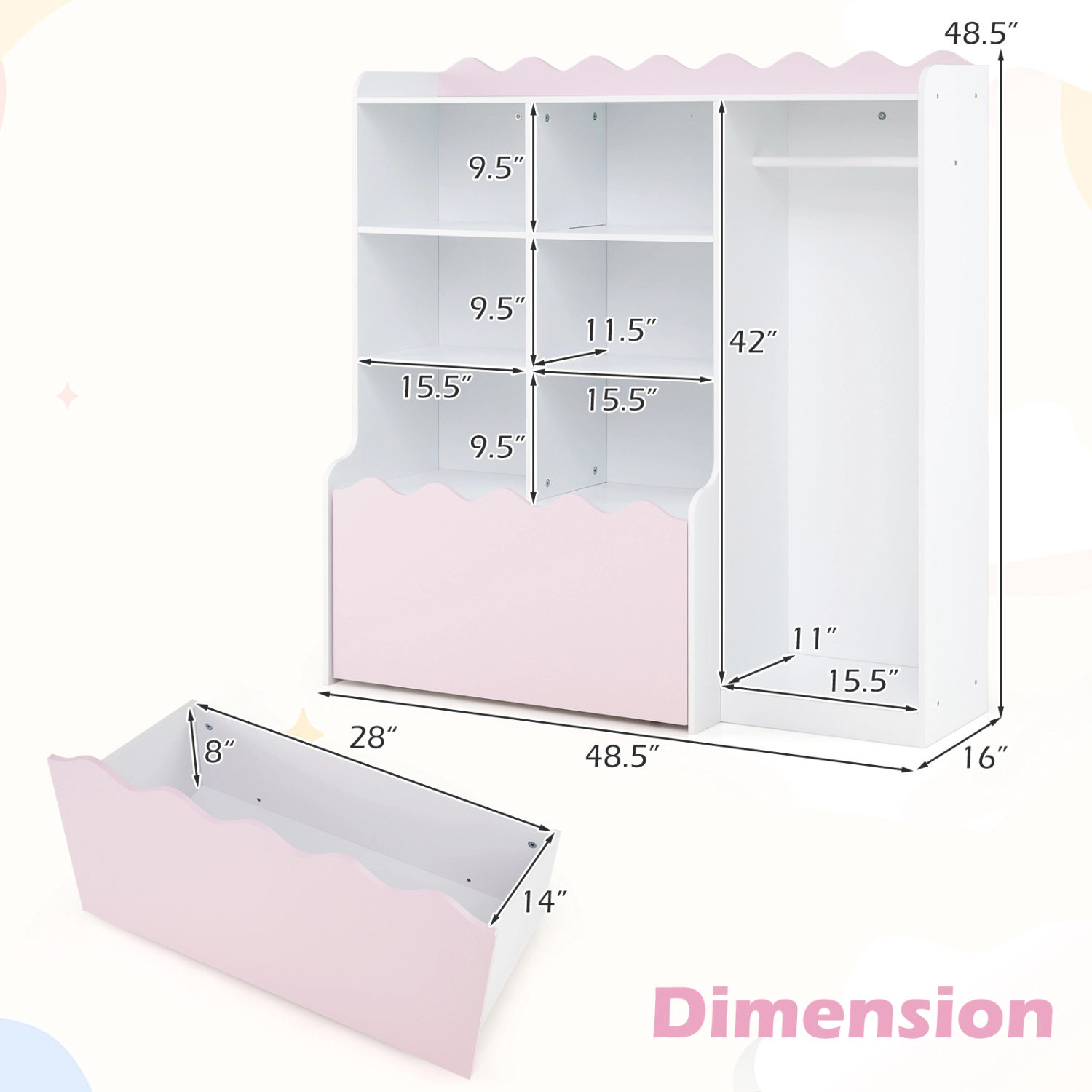 Hivvago Kids Toy Storage Organizer Children Dress up Closet Wardrobe with Clothing Rack