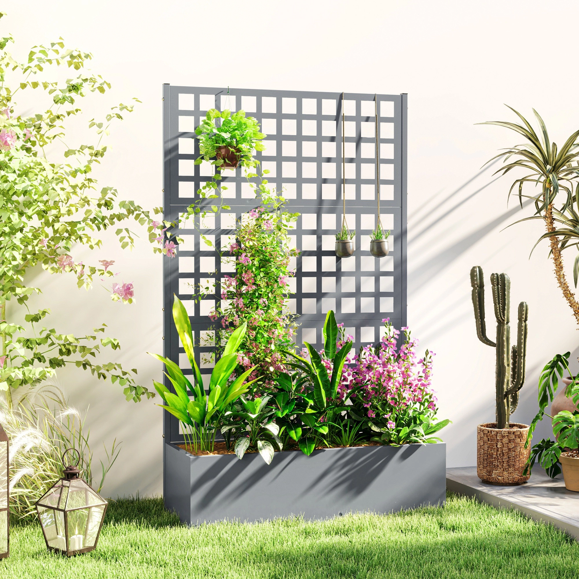 HONGGE Galvanized Raised Garden Bed Planter Box with Trellis for Climbing Plants, Vegetable, Vines